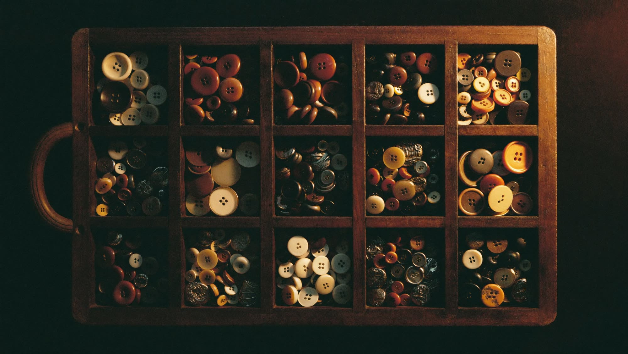Garment accessories: a compartment tray of assorted buttons