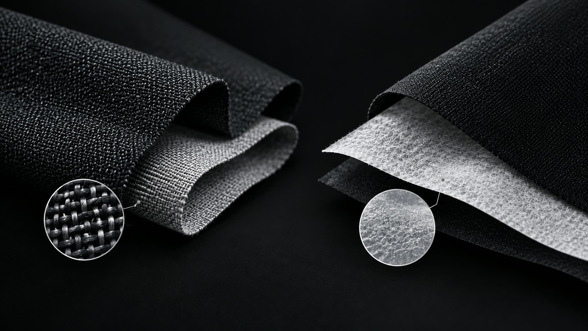 Woven and non-woven interlining swatches on black, with the weave and fibre structure magnified